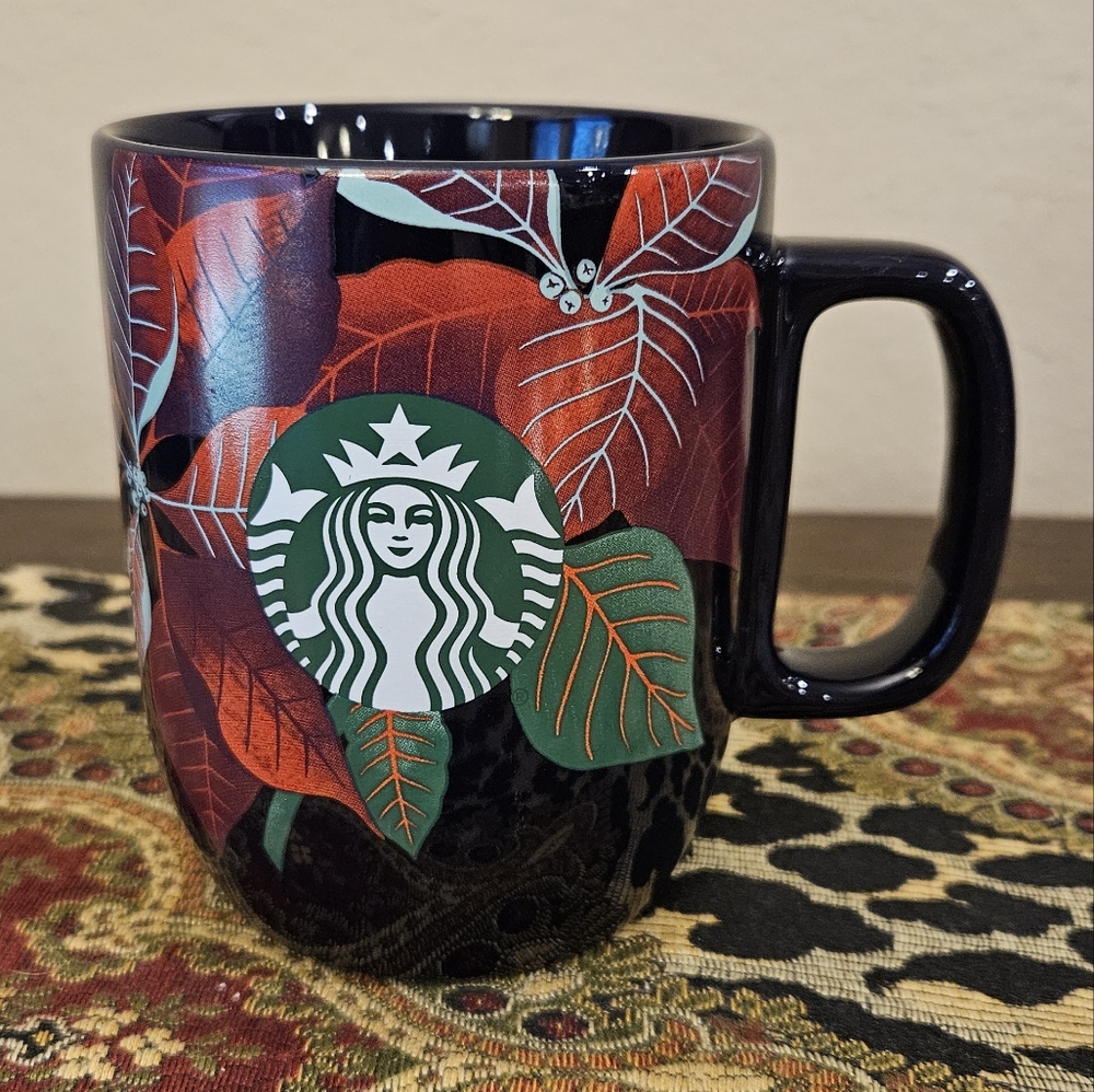 Starbucks 2020 Coffee Mug Dark Blue, Red Poinsettias, Green Mermaid, 12 oz.